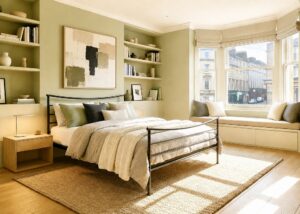 Java iron bed in sunny urban room