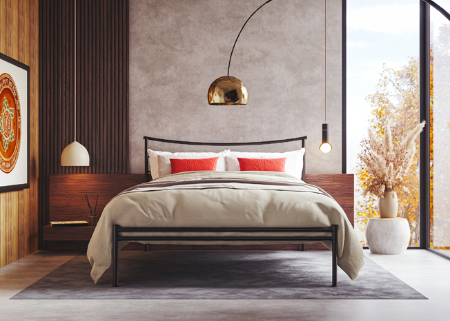 Contemporary iron bed Java, in a modern, minimalist bedroom