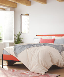 thalia low upholstered bed with red headboard