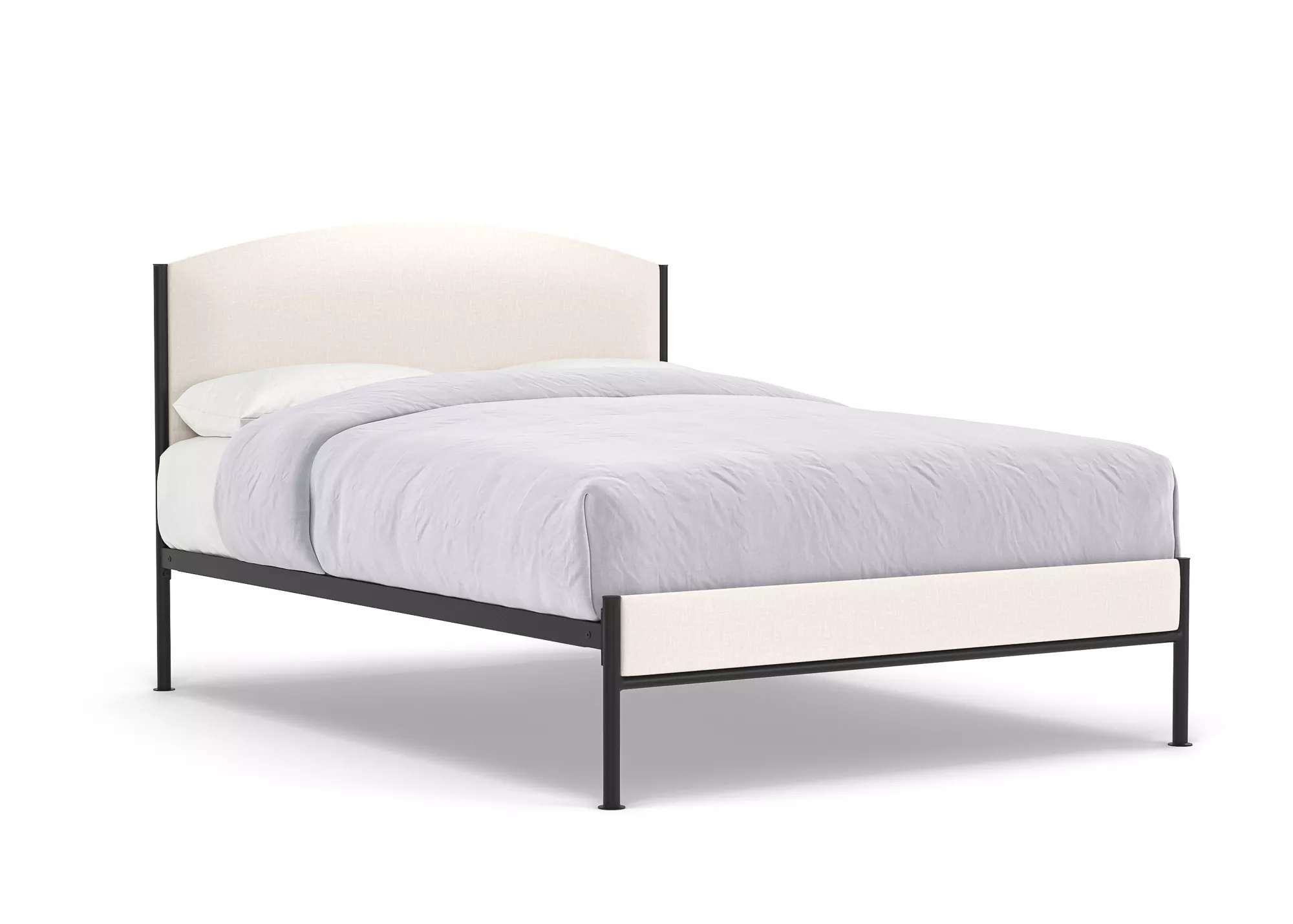 upholstered iron bed with curved headboard