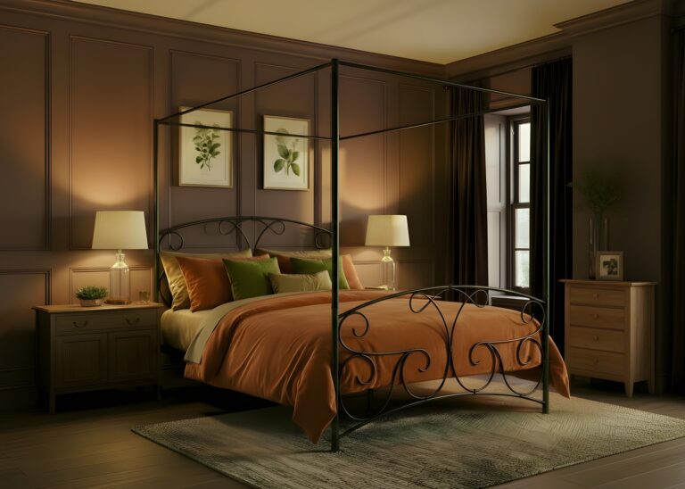 lyra iron bed. Four poster in a cosy room.