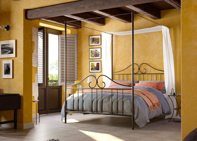 Artemis four poster iron bed in med style bedroom