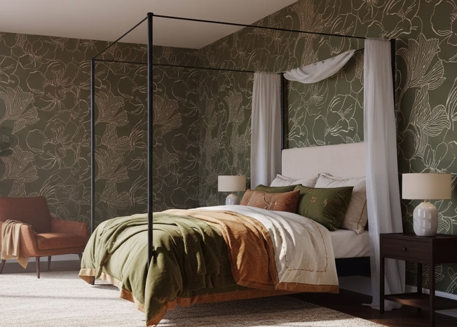 Azalea Four Poster Upholstered Iron Bed with cream fabric
