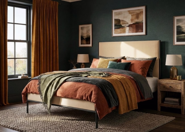 Thalia Upholstered Iron Bed with cream fabric
