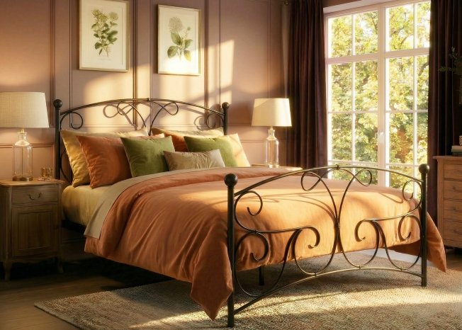 Lyra iron bed sunlit from the window