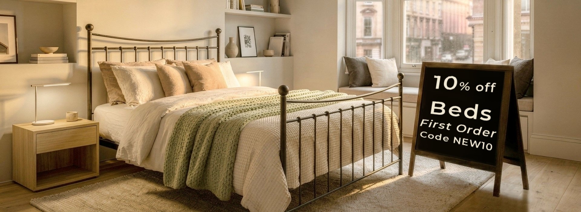 Coppelia Iron Bed with 10% off sign