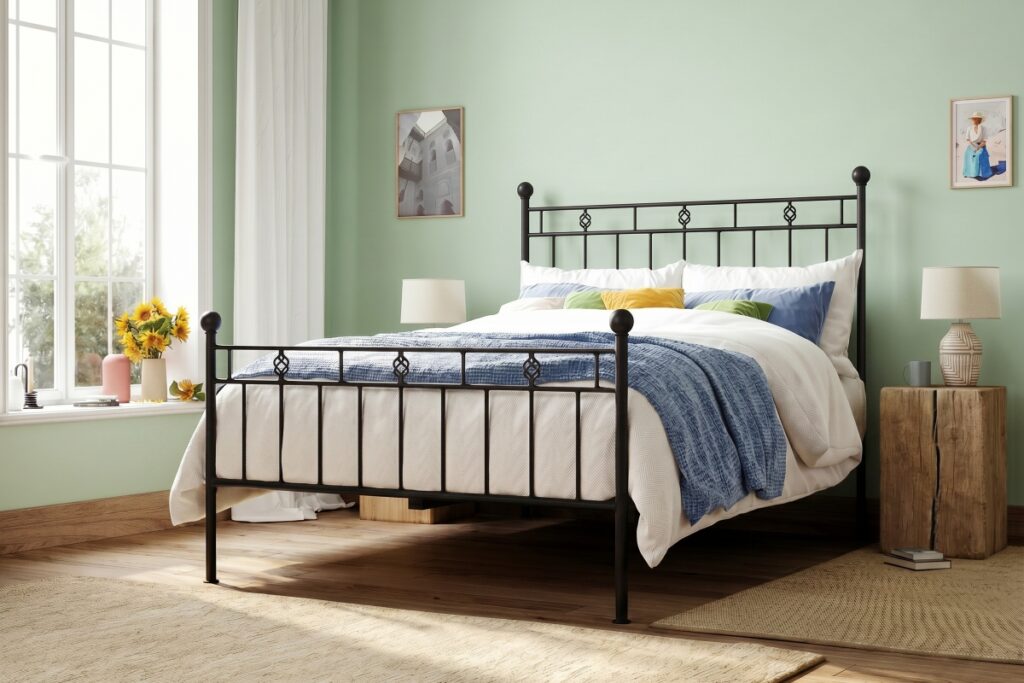 Victorian iron metal bed in sunlit room